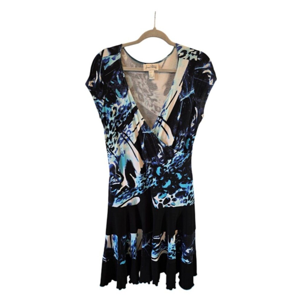 JOSEPH RIBKOFF MULTI TONAL ABSTRACT PRINT BLUE BLACK WHITE SIZE 12 DRESS